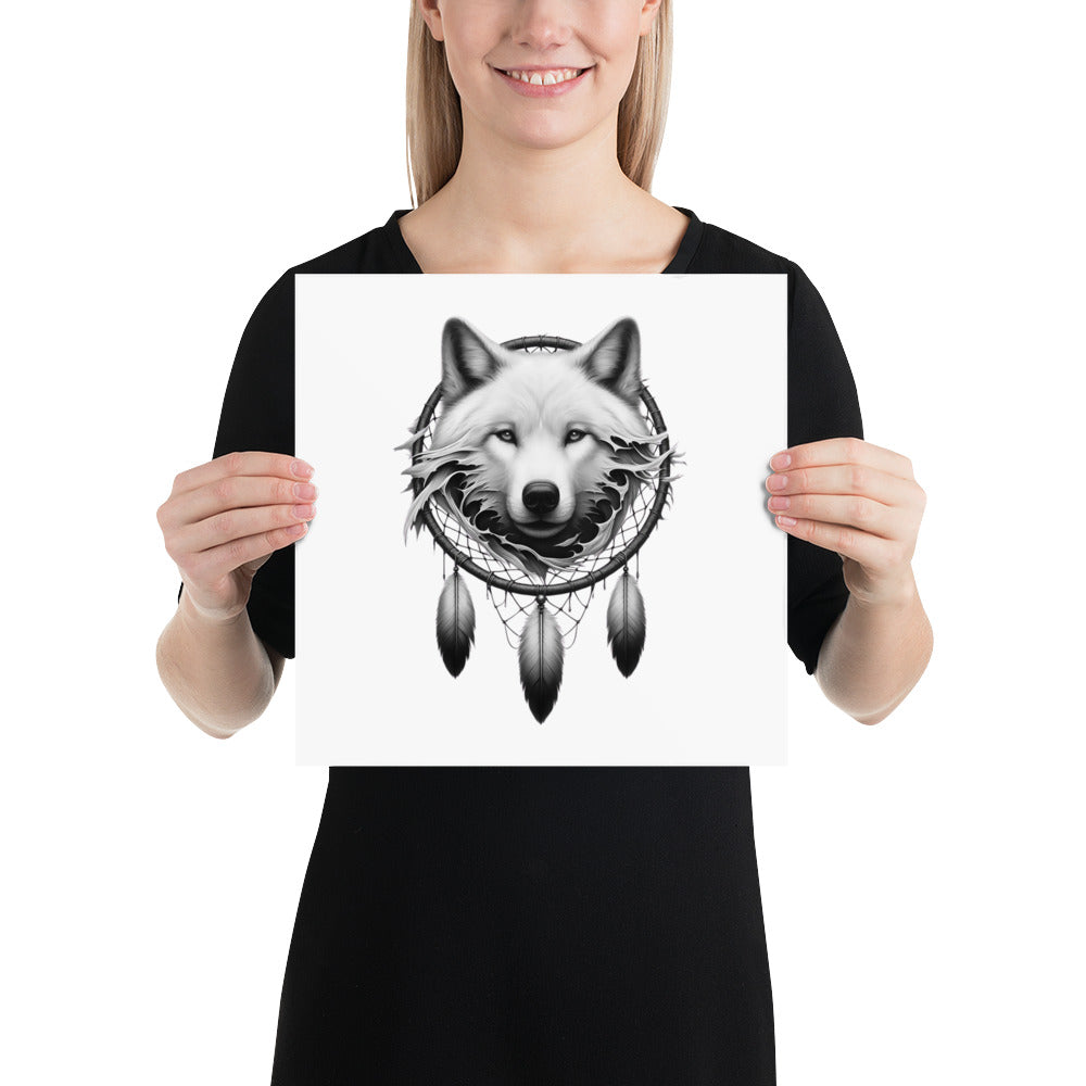 Dreamcatcher Wolf - Framed Poster Realistic Native American Talisman Mythology Graphic Design