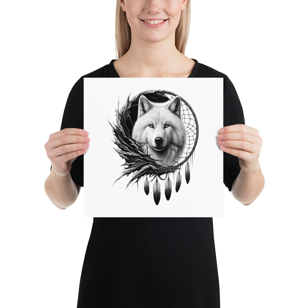 Dreamcatcher Wolf - Framed Poster Realistic Native American Talisman Mythology Graphic Design