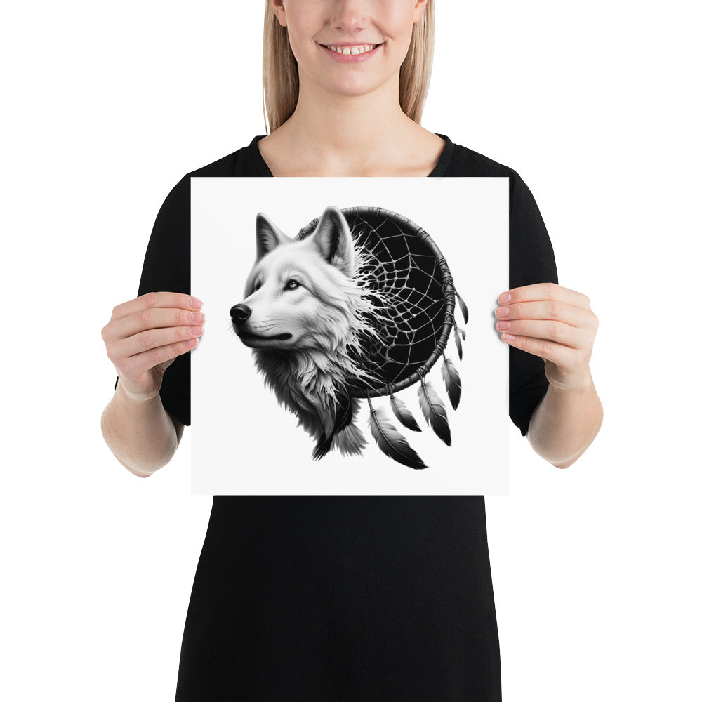 Dreamcatcher Wolf - Framed Poster Realistic Native American Talisman Mythology Graphic Design