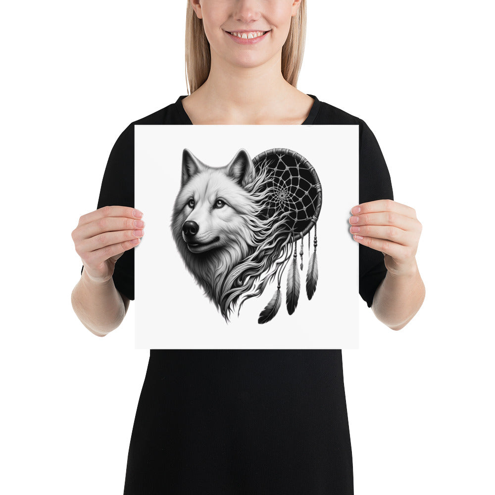 Dreamcatcher Wolf - Framed Poster Realistic Native American Talisman Mythology Graphic Design