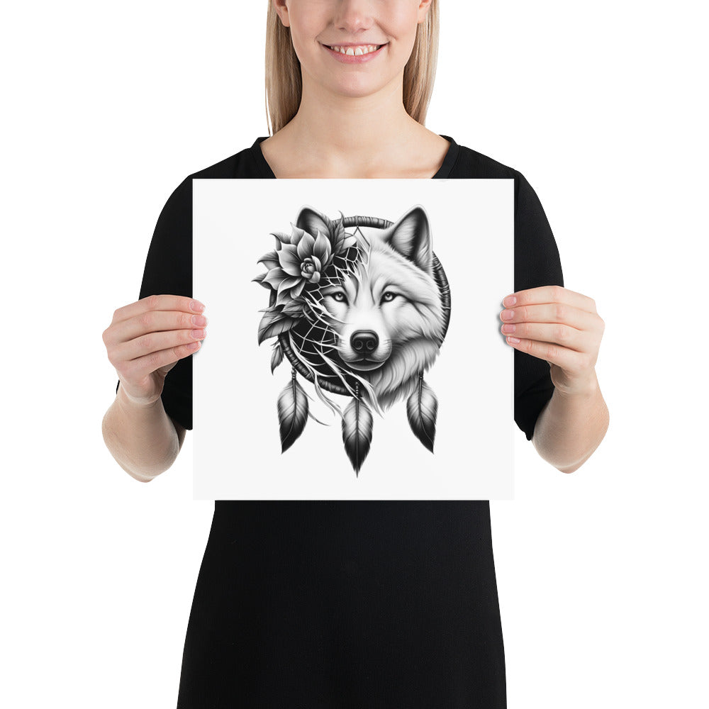 Dreamcatcher Wolf - Framed Poster Realistic Native American Talisman Mythology Graphic Design