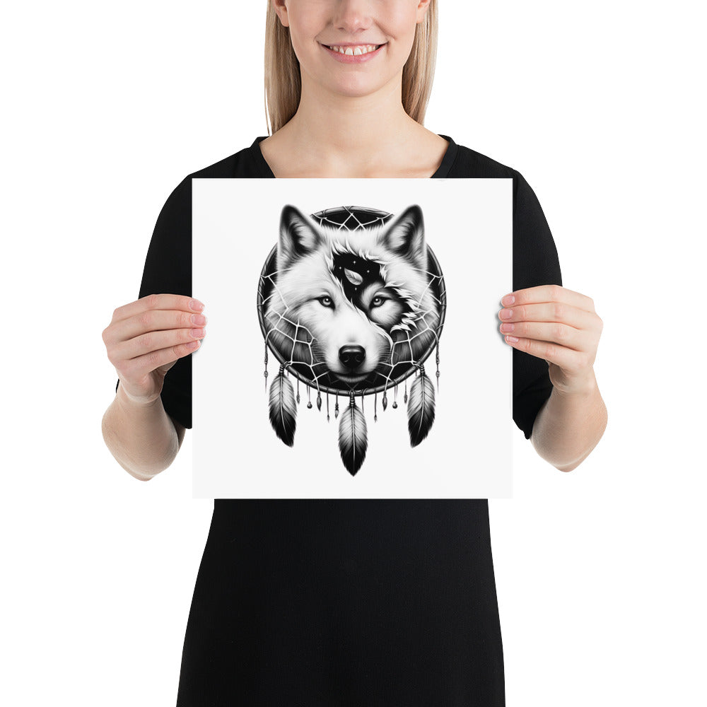 Dreamcatcher Wolf - Framed Poster Realistic Native American Talisman Mythology Graphic Design