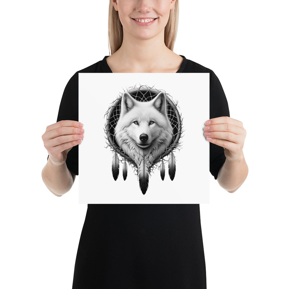 Dreamcatcher Wolf - Framed Poster Realistic Native American Talisman Mythology Graphic Design