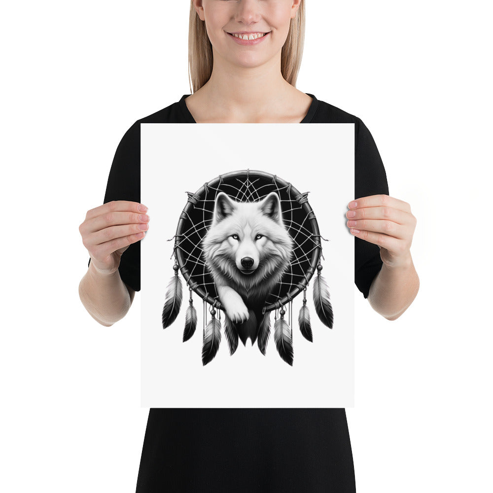 Dreamcatcher Wolf - Framed Poster Realistic Native American Talisman Mythology Graphic Design