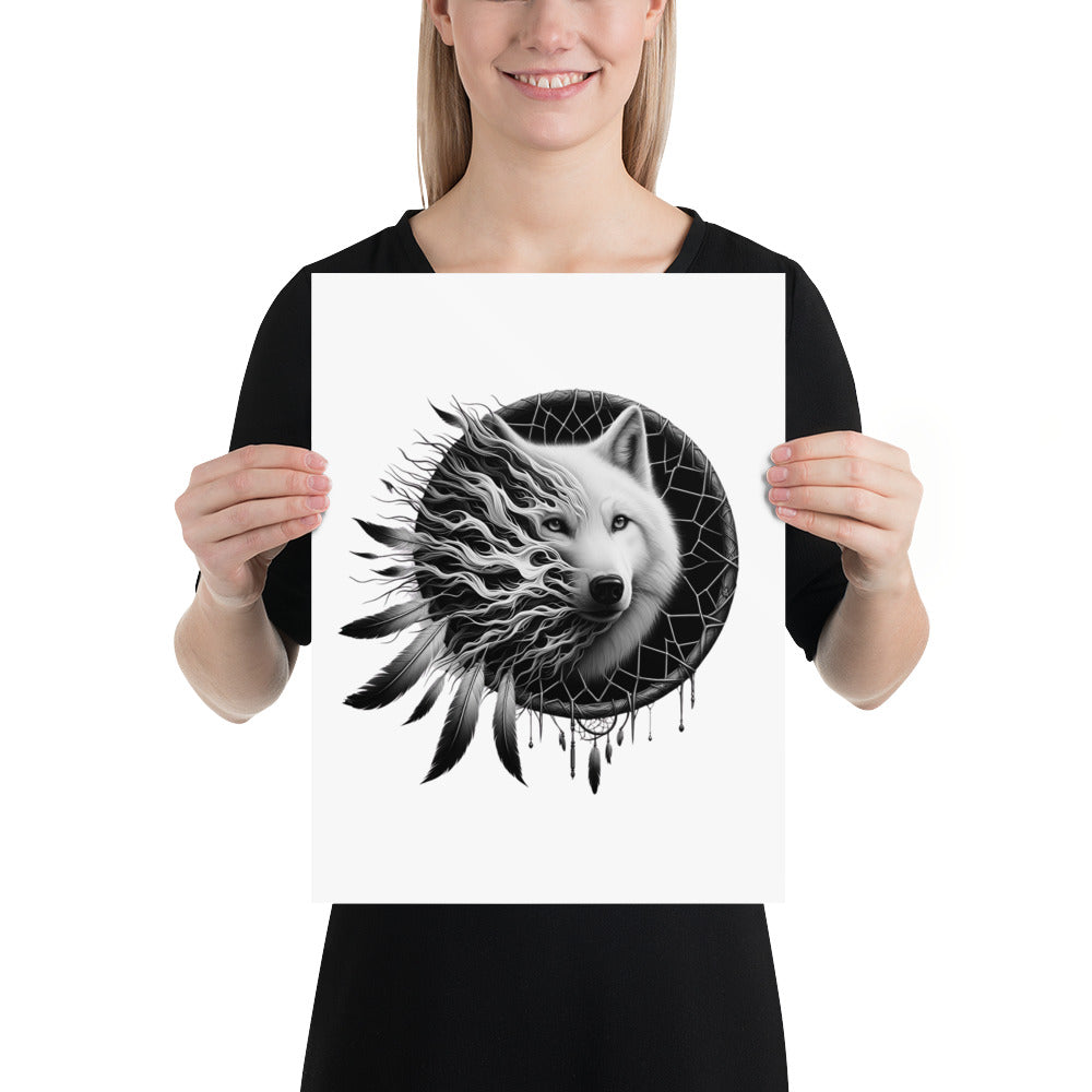 Dreamcatcher Wolf - Framed Poster Realistic Native American Talisman Mythology Graphic Design