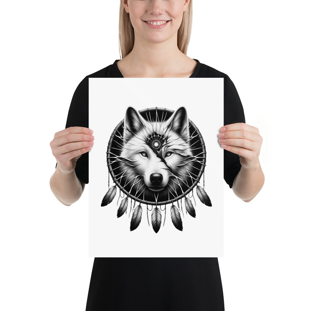 Dreamcatcher Wolf - Framed Poster Realistic Native American Talisman Mythology Graphic Design