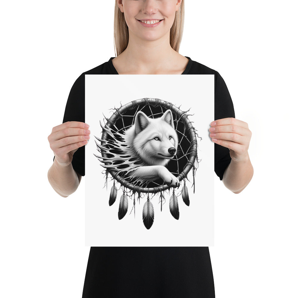 Dreamcatcher Wolf - Framed Poster Realistic Native American Talisman Mythology Graphic Design