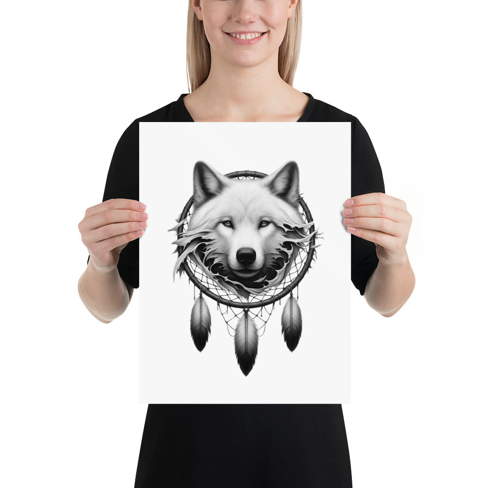 Dreamcatcher Wolf - Framed Poster Realistic Native American Talisman Mythology Graphic Design