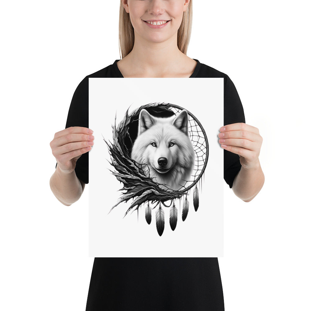 Dreamcatcher Wolf - Framed Poster Realistic Native American Talisman Mythology Graphic Design