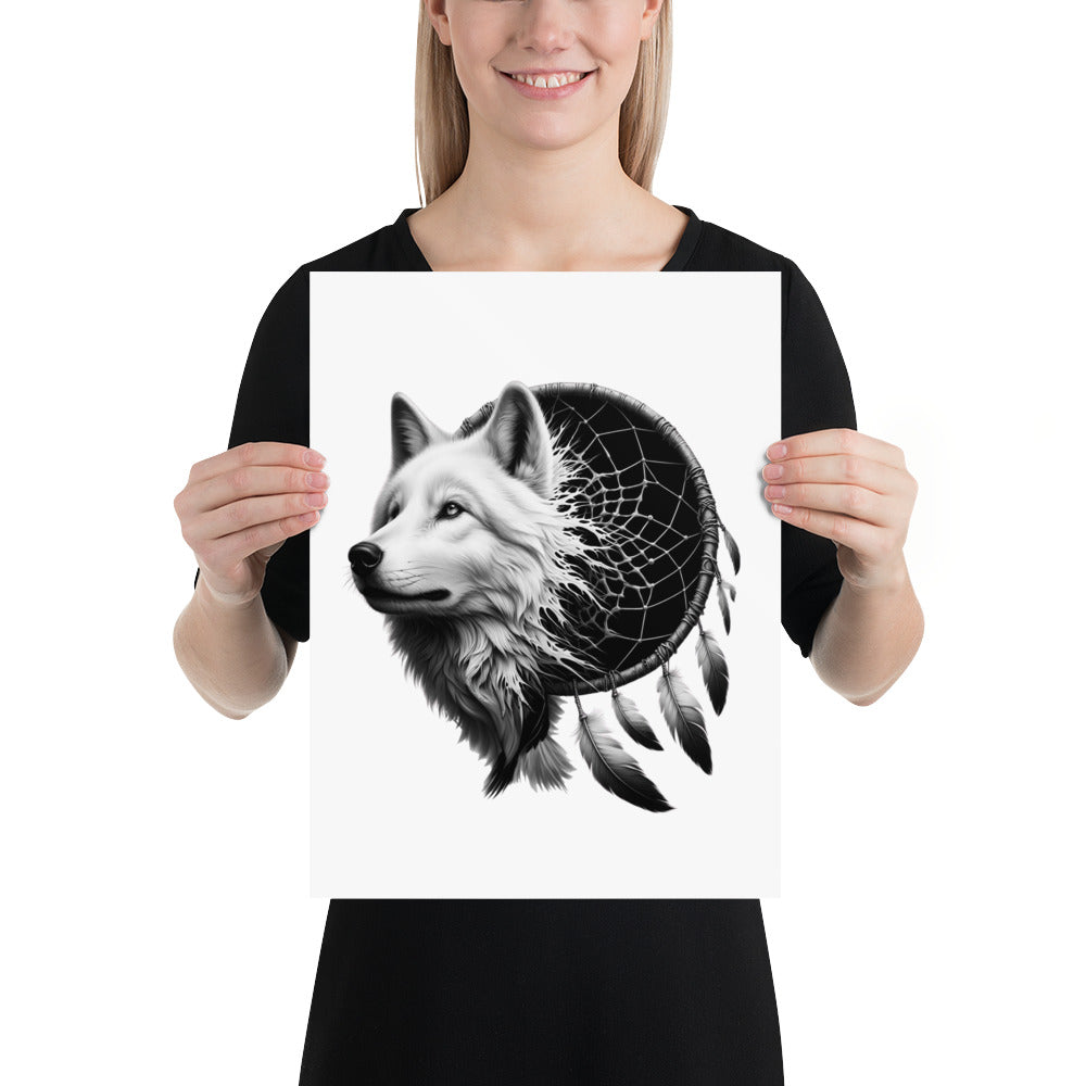 Dreamcatcher Wolf - Framed Poster Realistic Native American Talisman Mythology Graphic Design