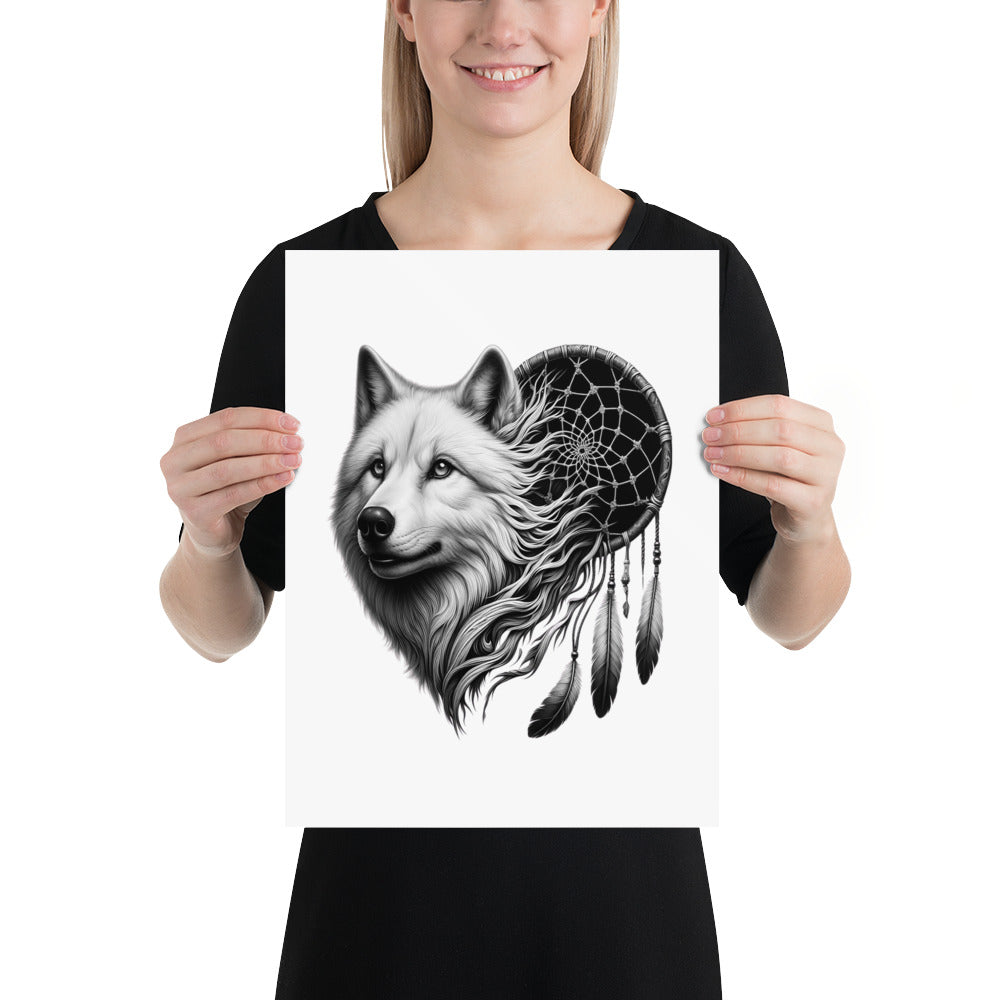 Dreamcatcher Wolf - Framed Poster Realistic Native American Talisman Mythology Graphic Design