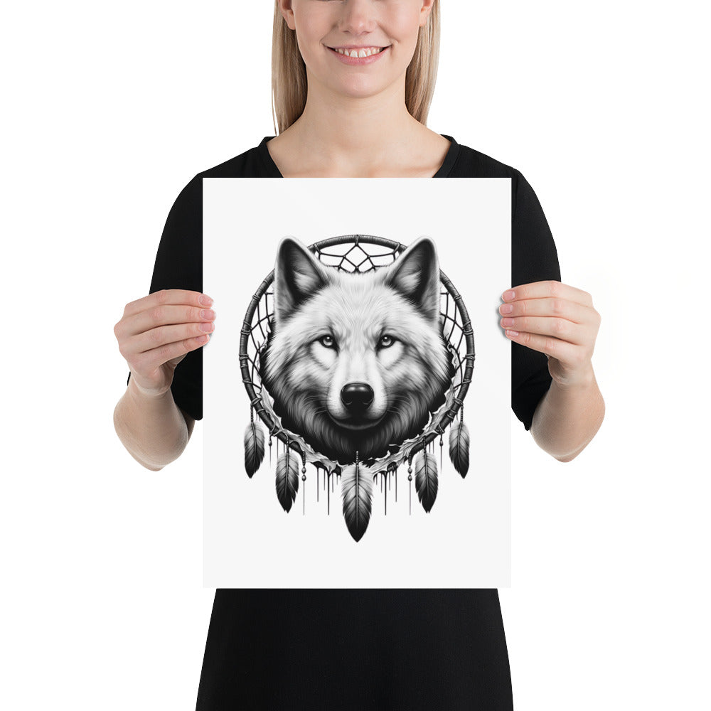 Dreamcatcher Wolf - Framed Poster Realistic Native American Talisman Mythology Graphic Design