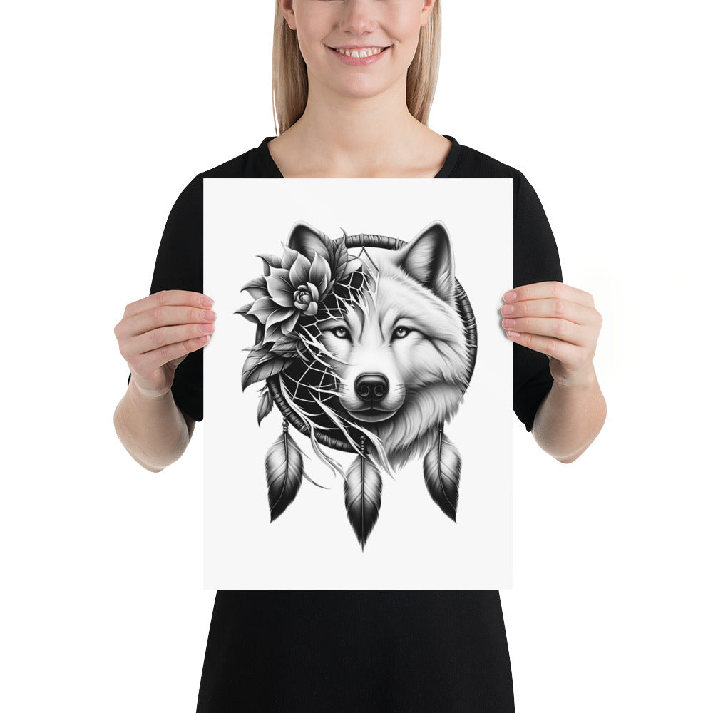 Dreamcatcher Wolf - Framed Poster Realistic Native American Talisman Mythology Graphic Design