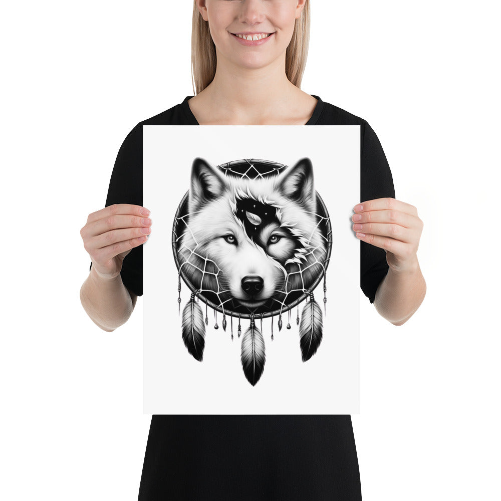 Dreamcatcher Wolf - Framed Poster Realistic Native American Talisman Mythology Graphic Design