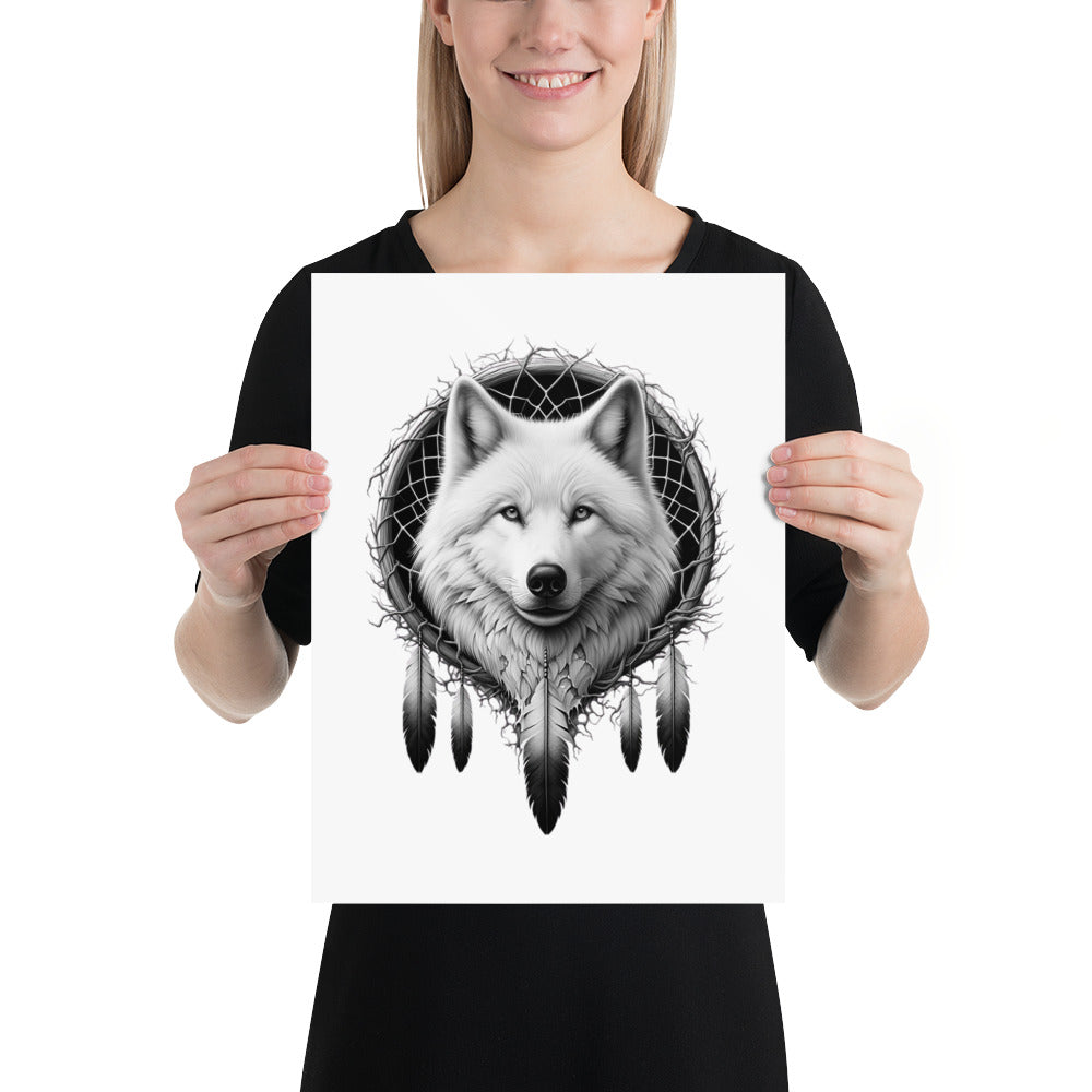 Dreamcatcher Wolf - Framed Poster Realistic Native American Talisman Mythology Graphic Design