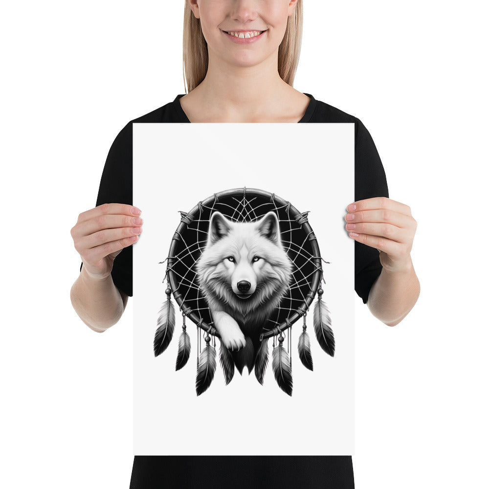 Dreamcatcher Wolf - Framed Poster Realistic Native American Talisman Mythology Graphic Design