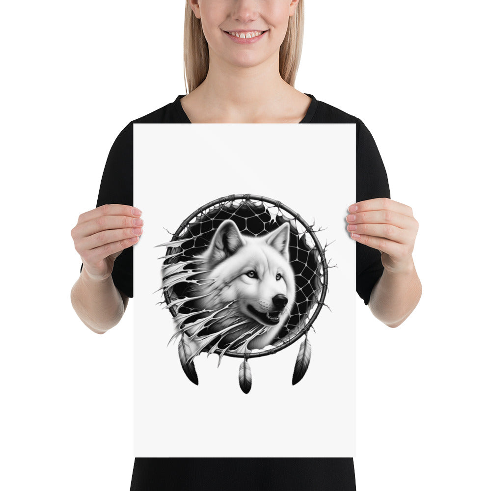 Dreamcatcher Wolf - Framed Poster Realistic Native American Talisman Mythology Graphic Design