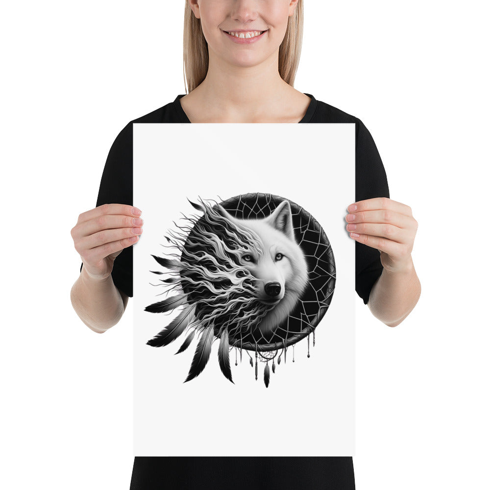 Dreamcatcher Wolf - Framed Poster Realistic Native American Talisman Mythology Graphic Design