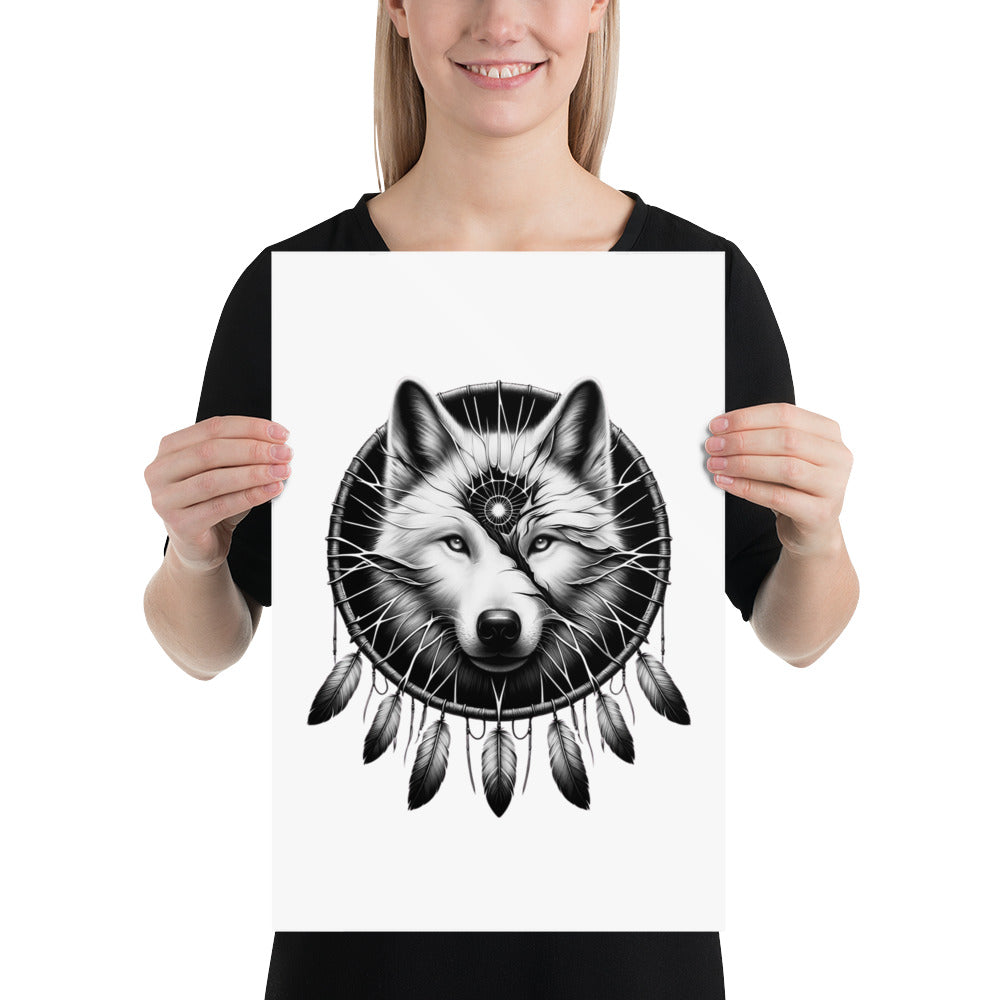 Dreamcatcher Wolf - Framed Poster Realistic Native American Talisman Mythology Graphic Design