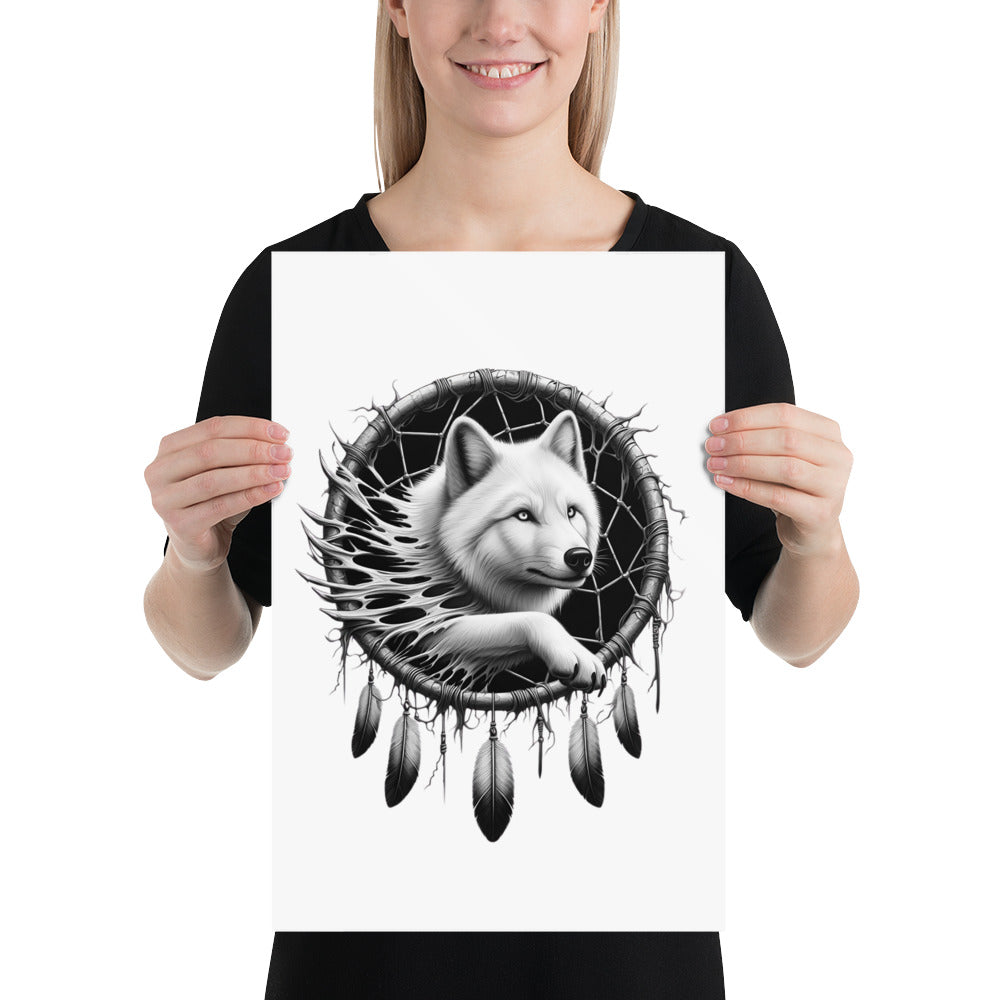 Dreamcatcher Wolf - Framed Poster Realistic Native American Talisman Mythology Graphic Design