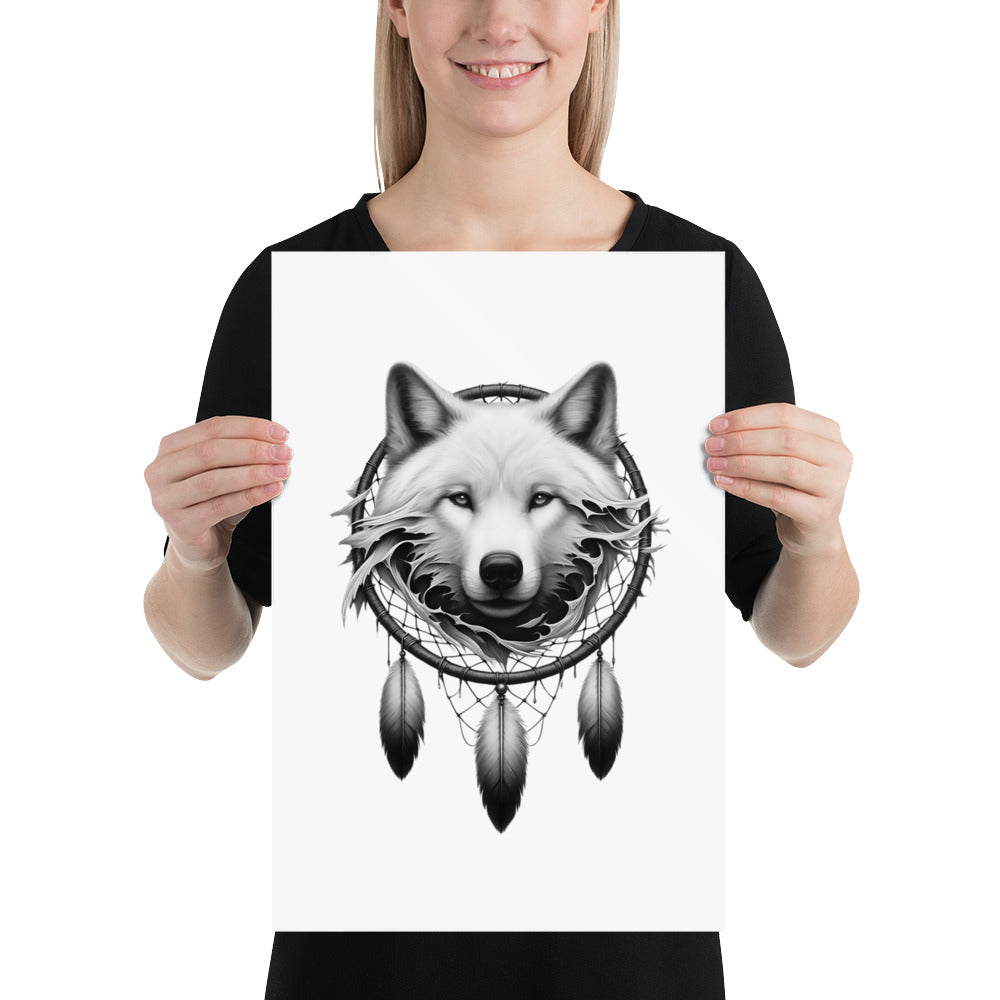 Dreamcatcher Wolf - Framed Poster Realistic Native American Talisman Mythology Graphic Design