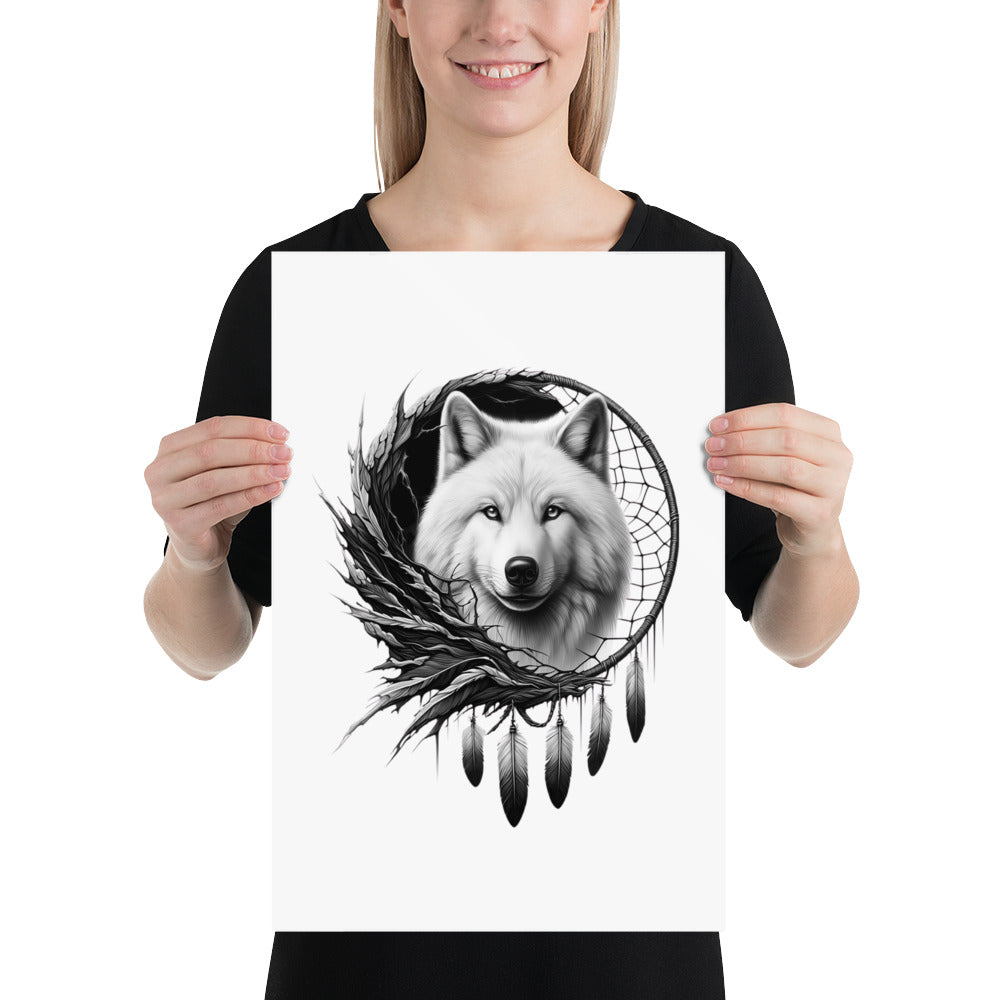 Dreamcatcher Wolf - Framed Poster Realistic Native American Talisman Mythology Graphic Design