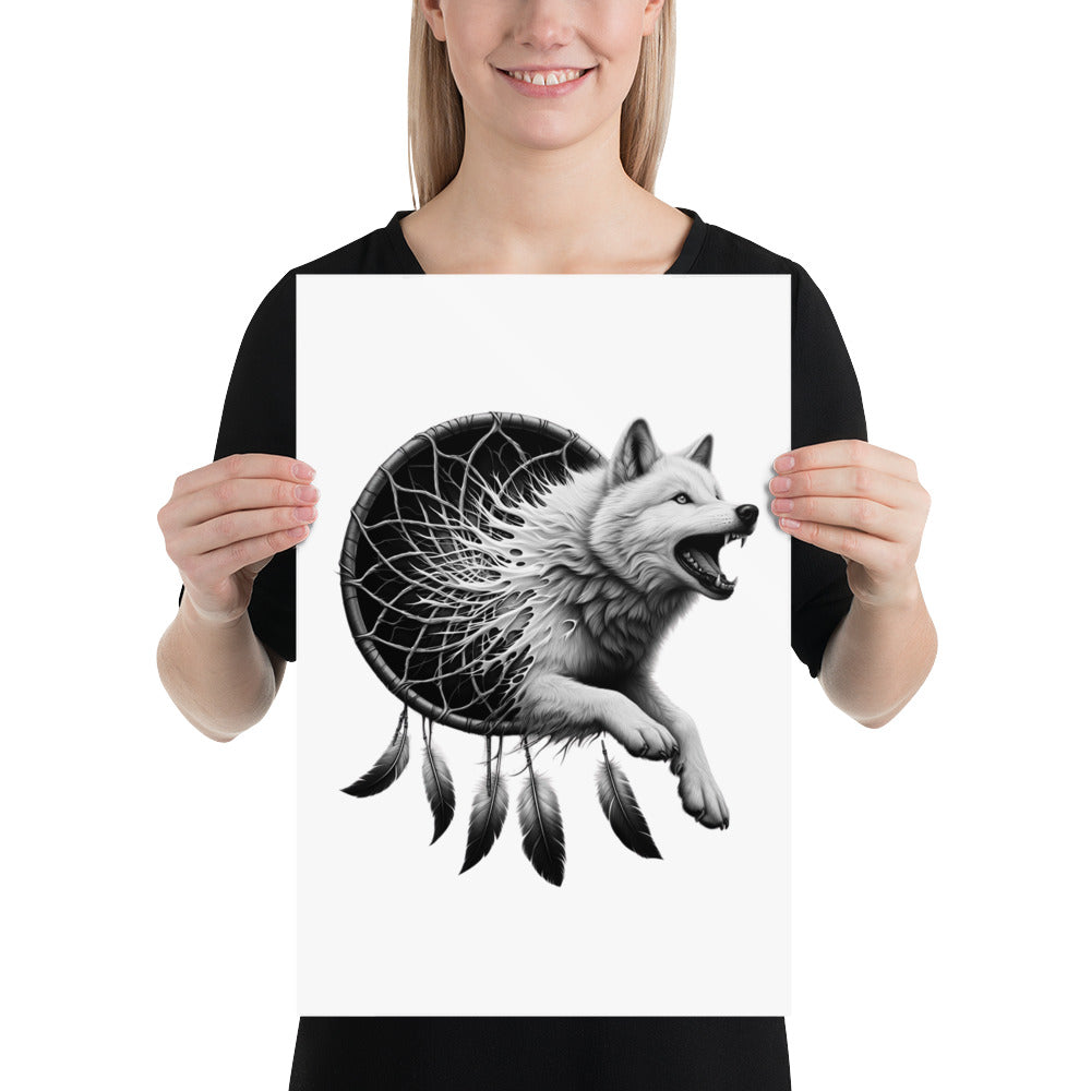 Dreamcatcher Wolf - Framed Poster Realistic Native American Talisman Mythology Graphic Design