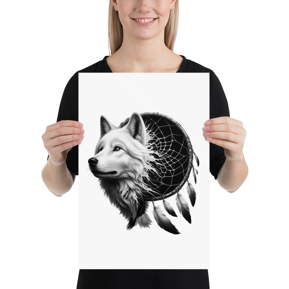 Dreamcatcher Wolf - Framed Poster Realistic Native American Talisman Mythology Graphic Design