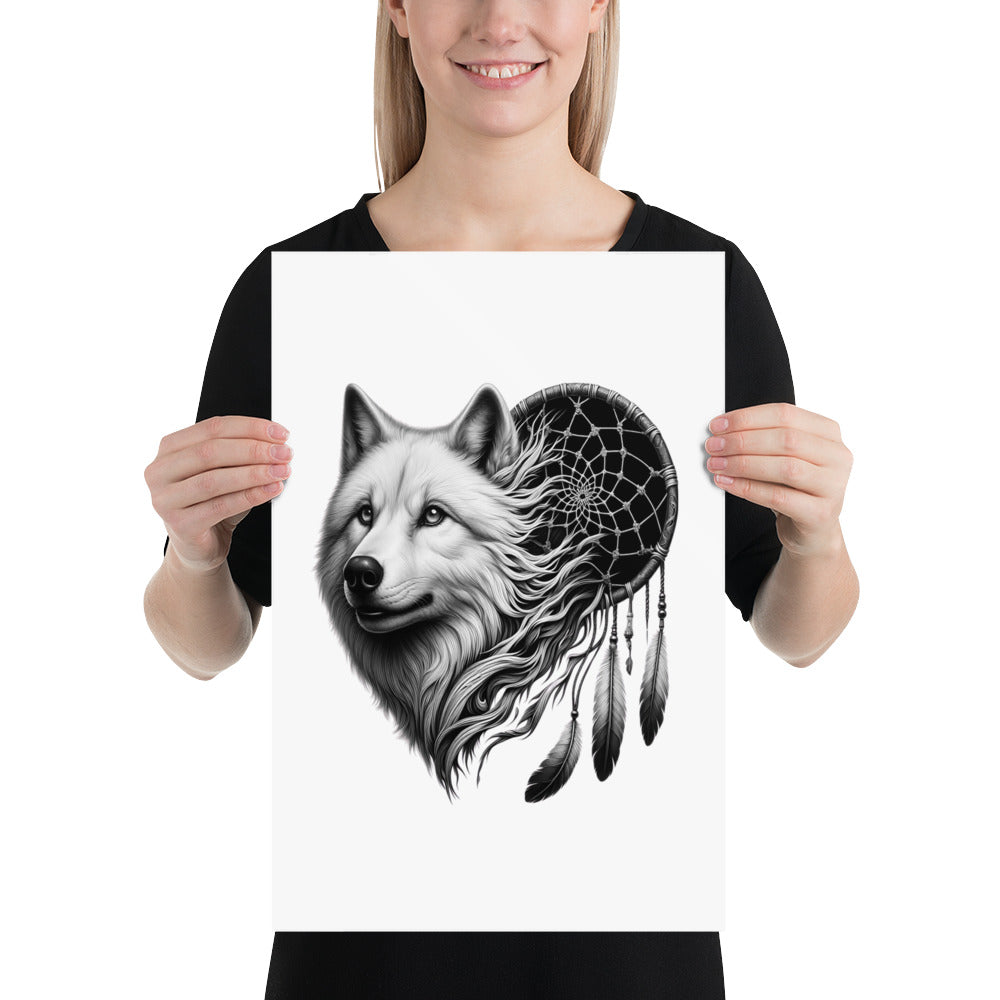 Dreamcatcher Wolf - Framed Poster Realistic Native American Talisman Mythology Graphic Design