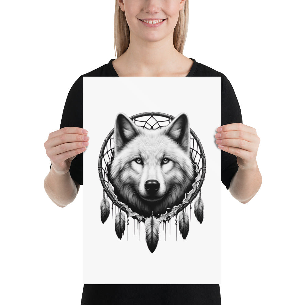 Dreamcatcher Wolf - Framed Poster Realistic Native American Talisman Mythology Graphic Design