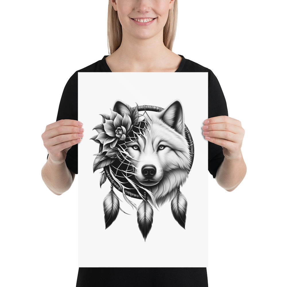 Dreamcatcher Wolf - Framed Poster Realistic Native American Talisman Mythology Graphic Design