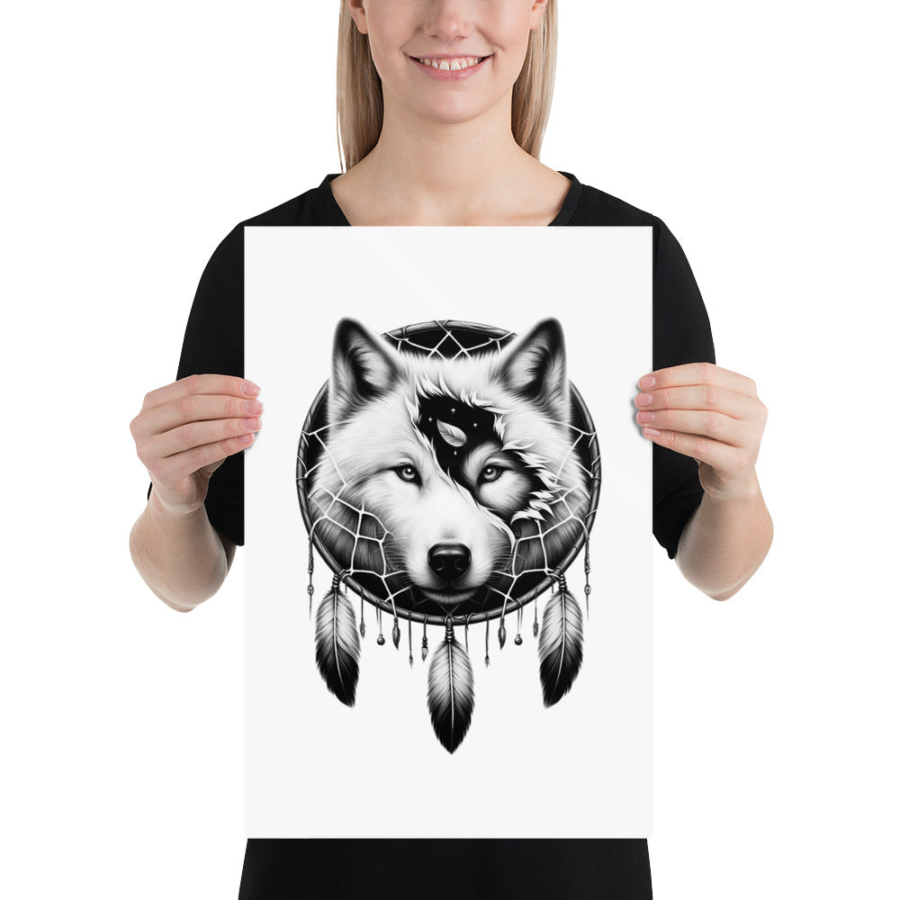 Dreamcatcher Wolf - Framed Poster Realistic Native American Talisman Mythology Graphic Design