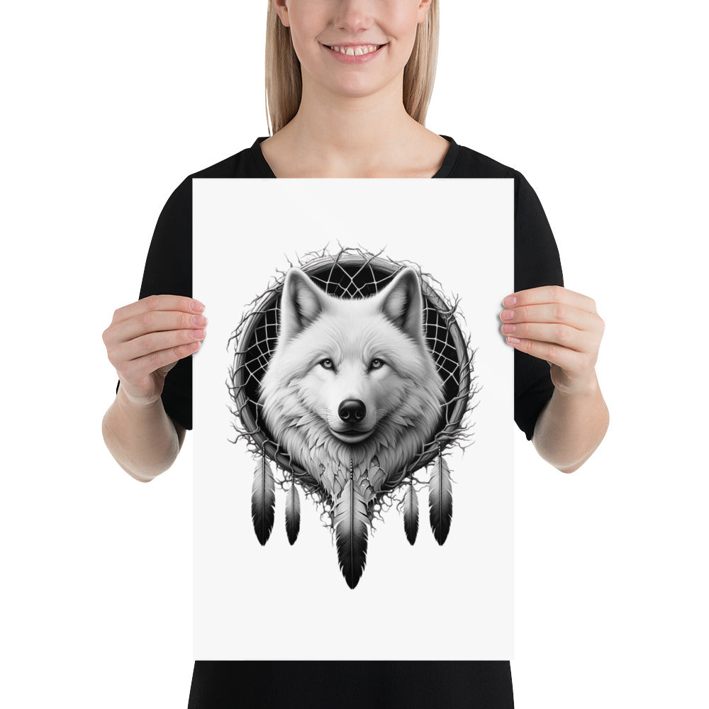 Dreamcatcher Wolf - Framed Poster Realistic Native American Talisman Mythology Graphic Design