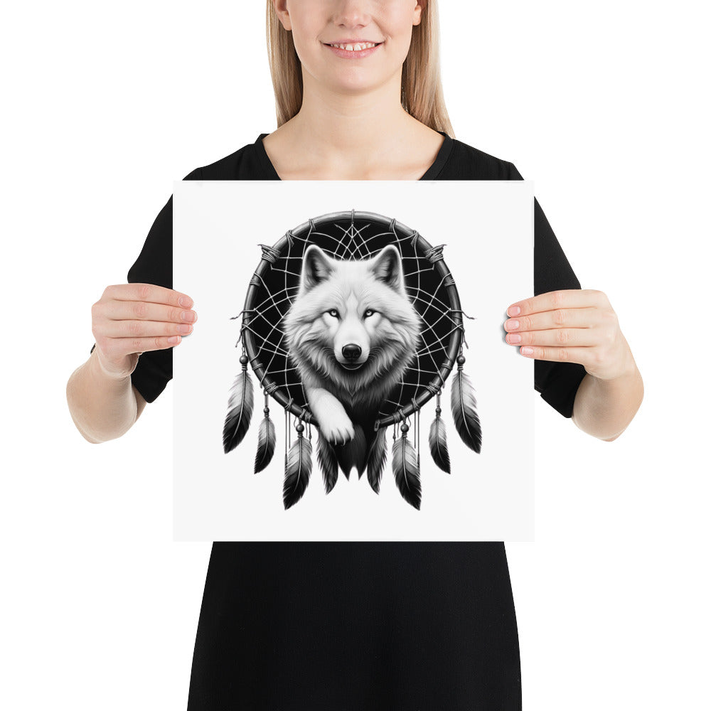 Dreamcatcher Wolf - Framed Poster Realistic Native American Talisman Mythology Graphic Design