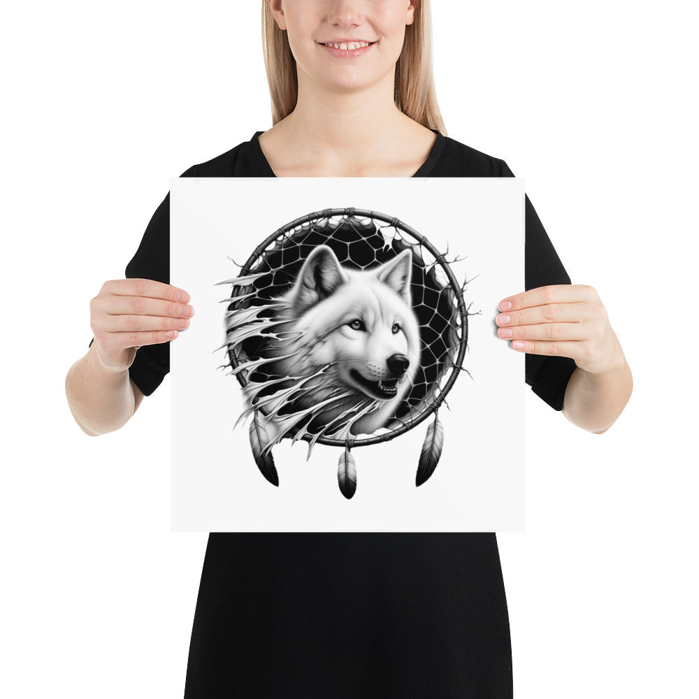 Dreamcatcher Wolf - Framed Poster Realistic Native American Talisman Mythology Graphic Design