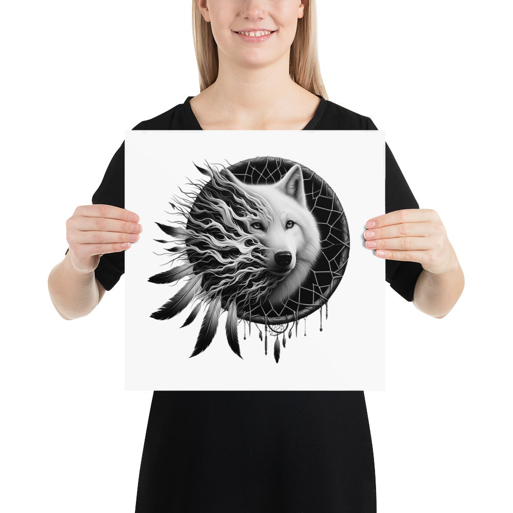 Dreamcatcher Wolf - Framed Poster Realistic Native American Talisman Mythology Graphic Design