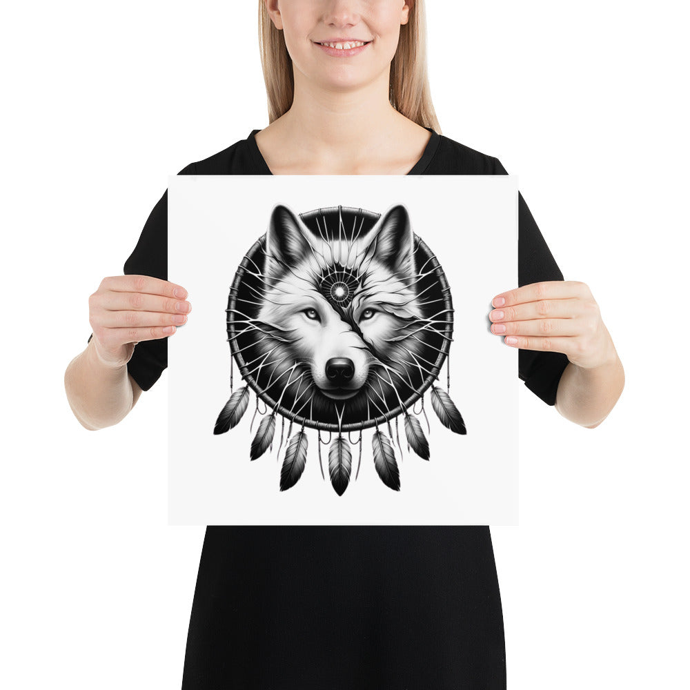 Dreamcatcher Wolf - Framed Poster Realistic Native American Talisman Mythology Graphic Design