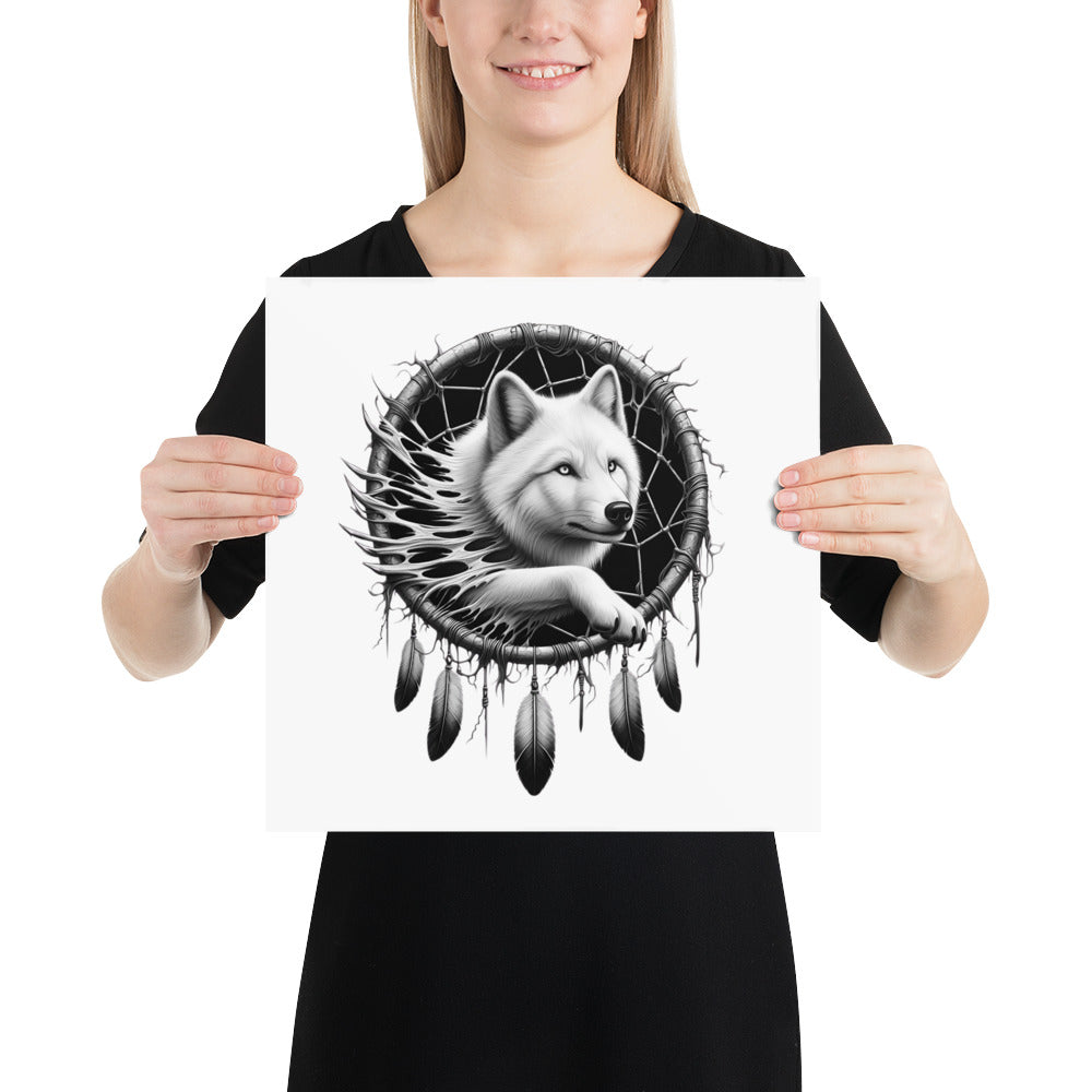 Dreamcatcher Wolf - Framed Poster Realistic Native American Talisman Mythology Graphic Design