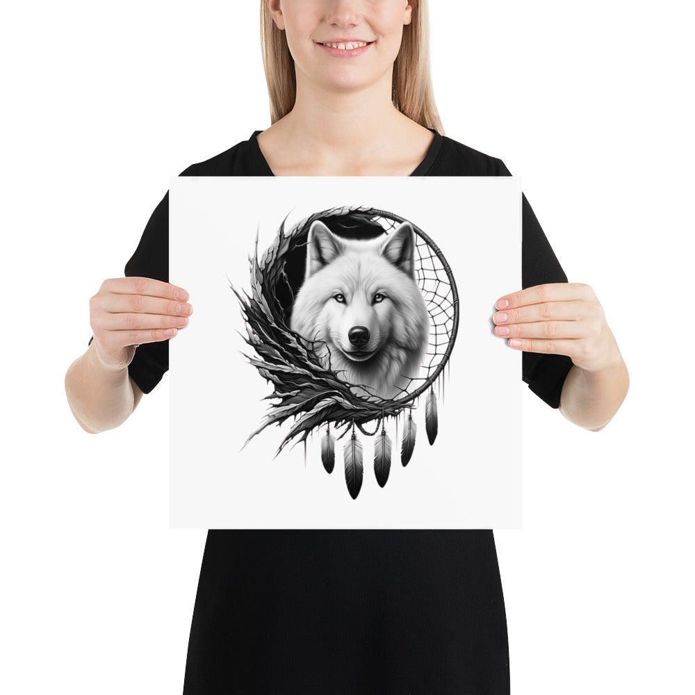 Dreamcatcher Wolf - Framed Poster Realistic Native American Talisman Mythology Graphic Design