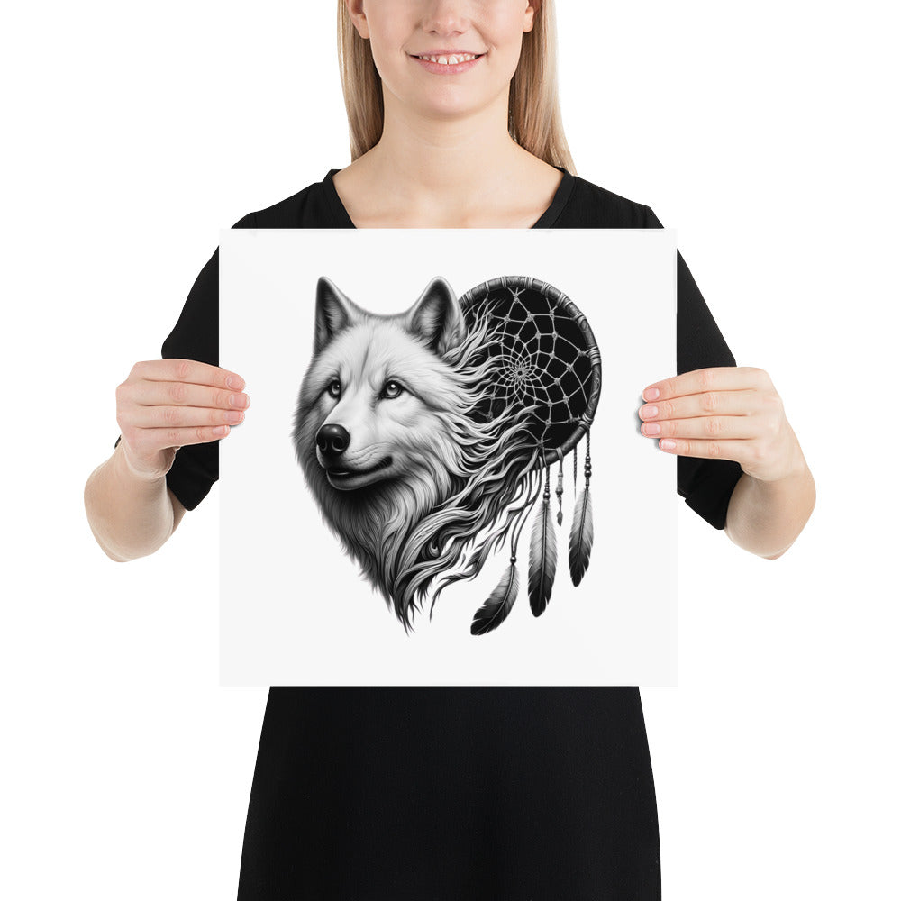 Dreamcatcher Wolf - Framed Poster Realistic Native American Talisman Mythology Graphic Design