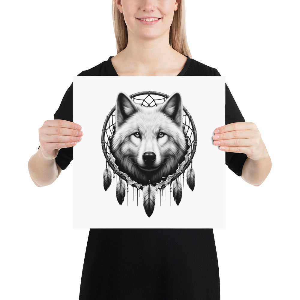 Dreamcatcher Wolf - Framed Poster Realistic Native American Talisman Mythology Graphic Design