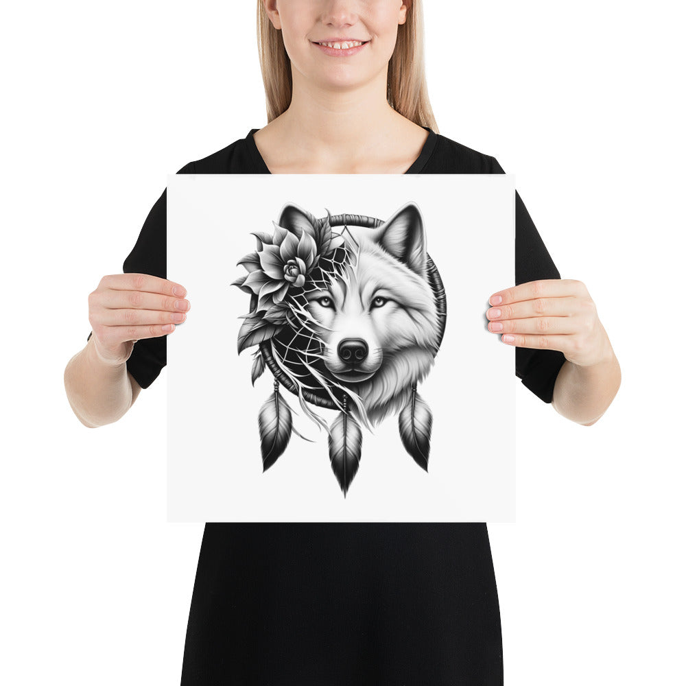 Dreamcatcher Wolf - Framed Poster Realistic Native American Talisman Mythology Graphic Design