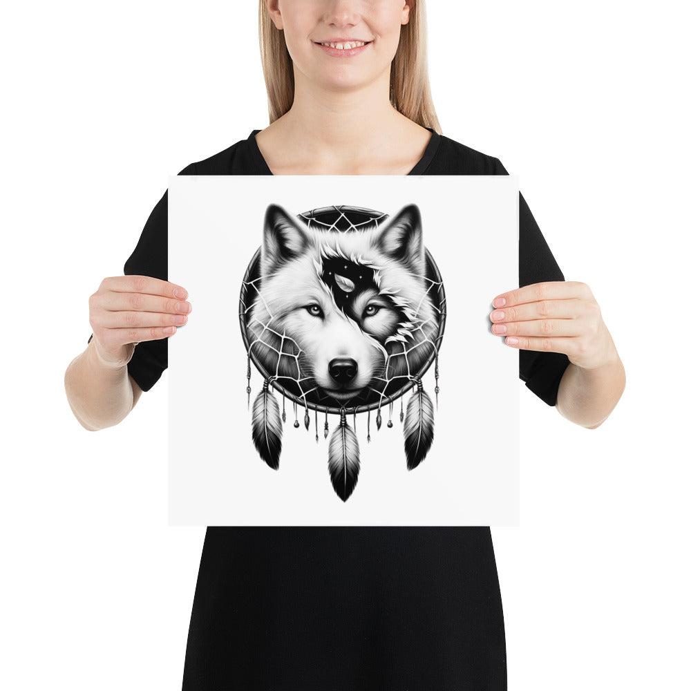 Dreamcatcher Wolf - Framed Poster Realistic Native American Talisman Mythology Graphic Design