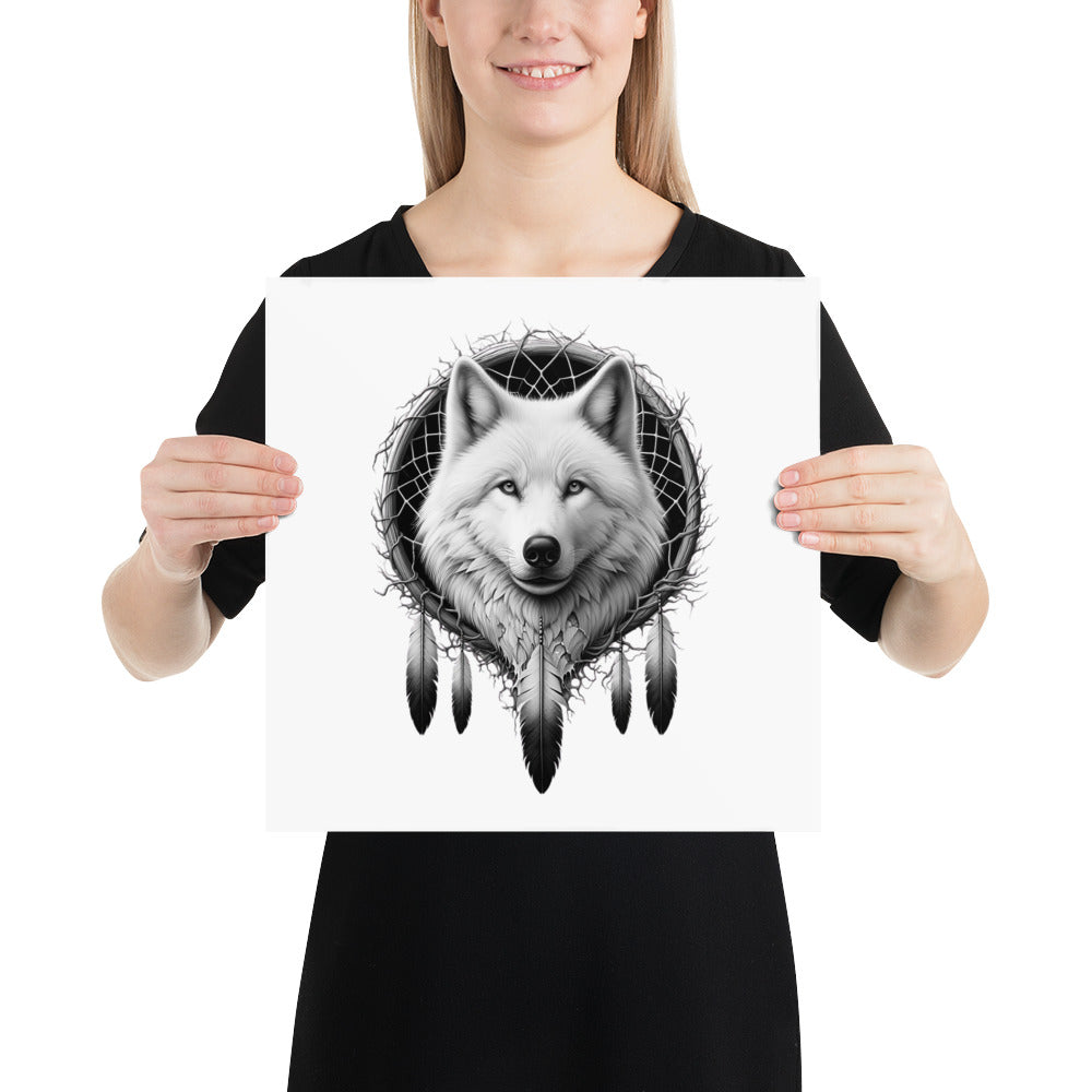 Dreamcatcher Wolf - Framed Poster Realistic Native American Talisman Mythology Graphic Design