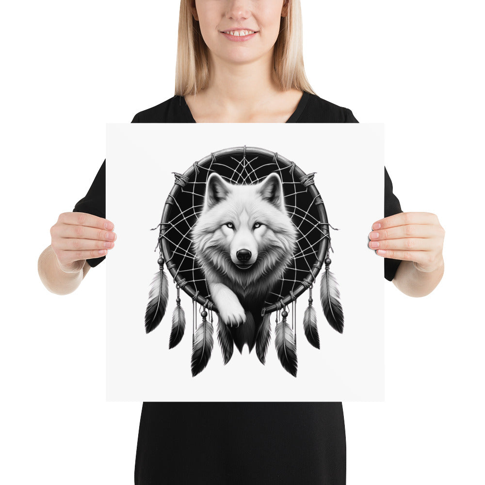 Dreamcatcher Wolf - Framed Poster Realistic Native American Talisman Mythology Graphic Design