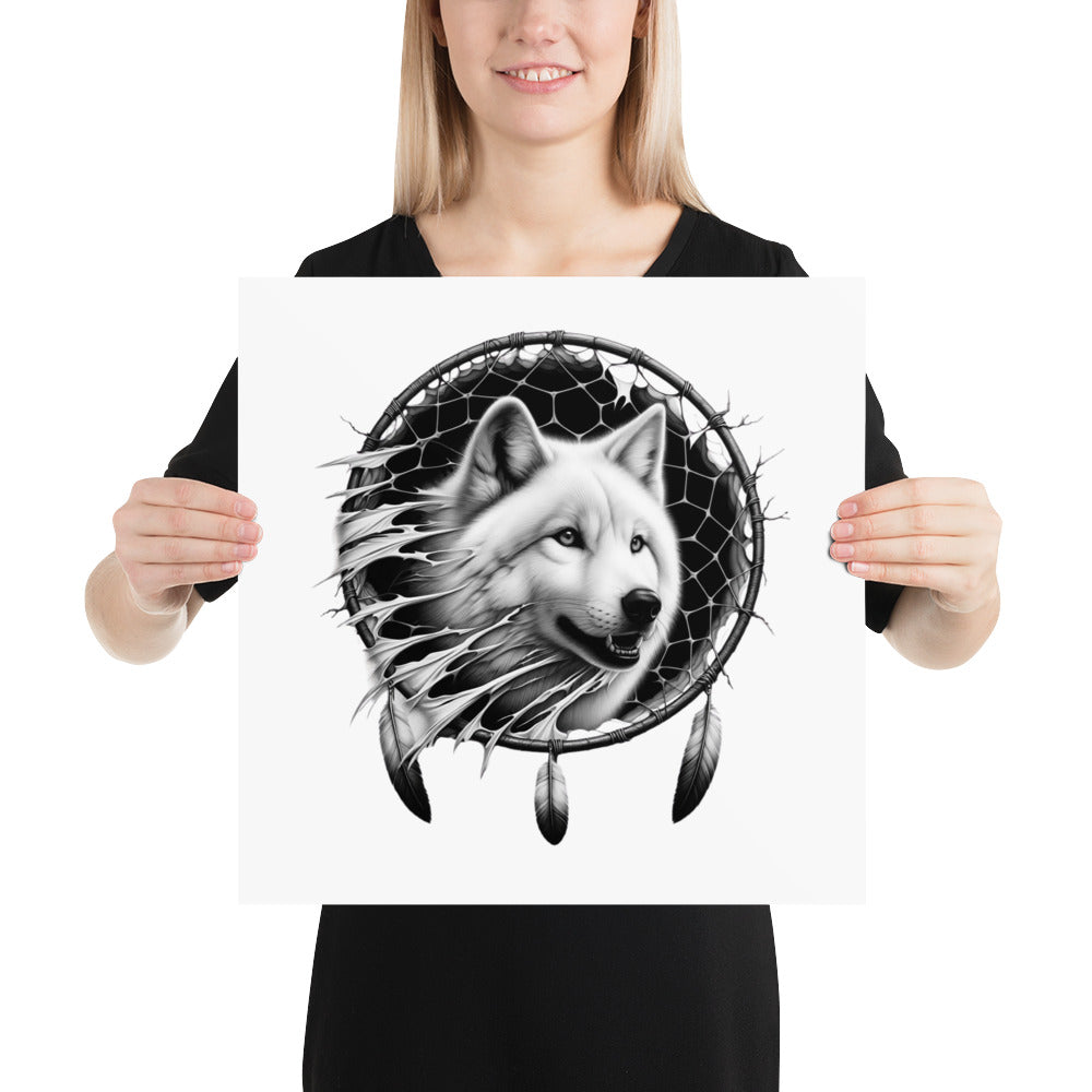 Dreamcatcher Wolf - Framed Poster Realistic Native American Talisman Mythology Graphic Design