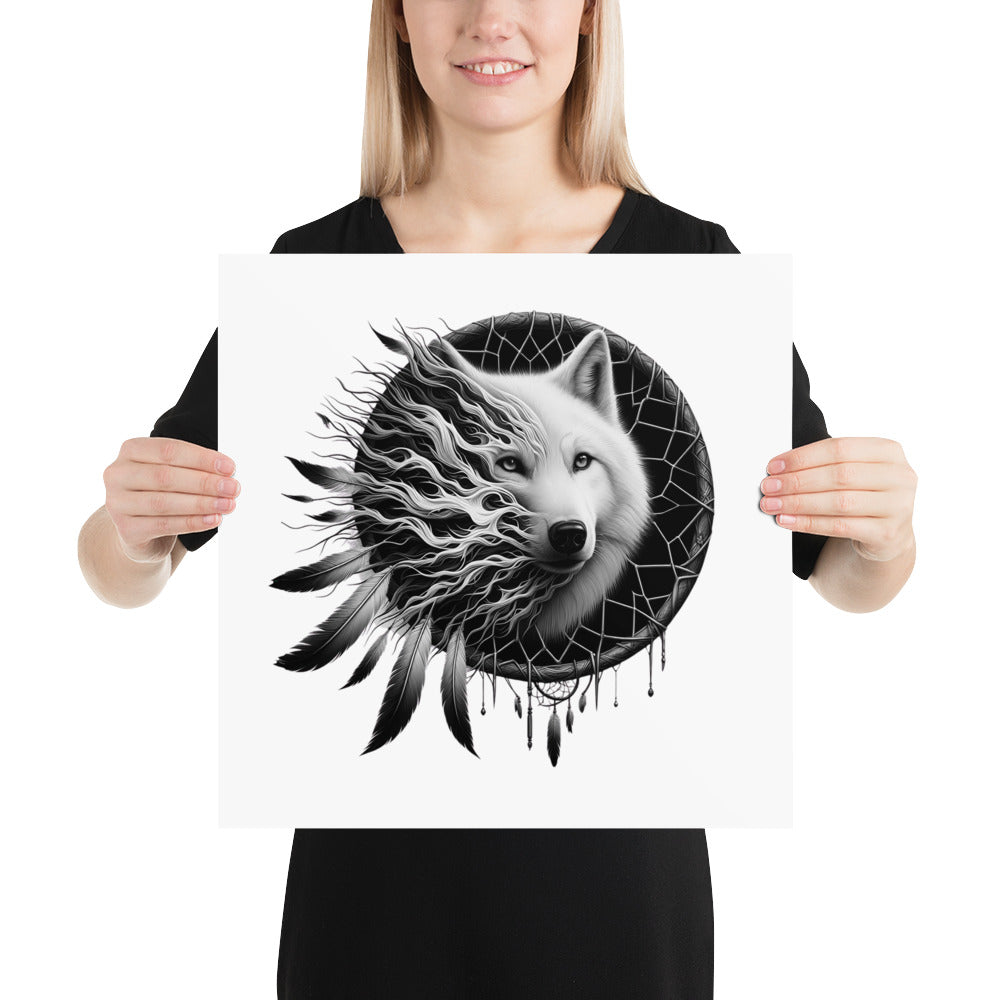 Dreamcatcher Wolf - Framed Poster Realistic Native American Talisman Mythology Graphic Design