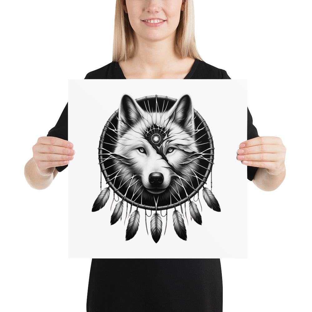 Dreamcatcher Wolf - Framed Poster Realistic Native American Talisman Mythology Graphic Design