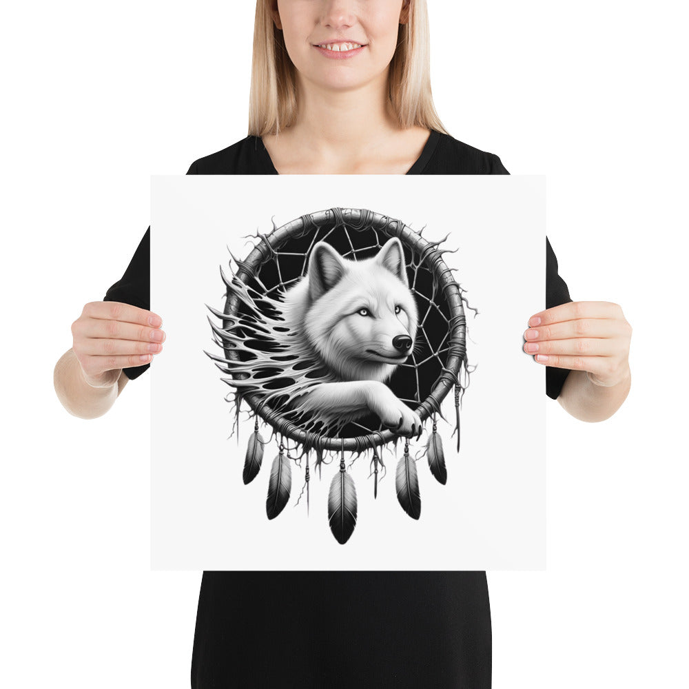 Dreamcatcher Wolf - Framed Poster Realistic Native American Talisman Mythology Graphic Design