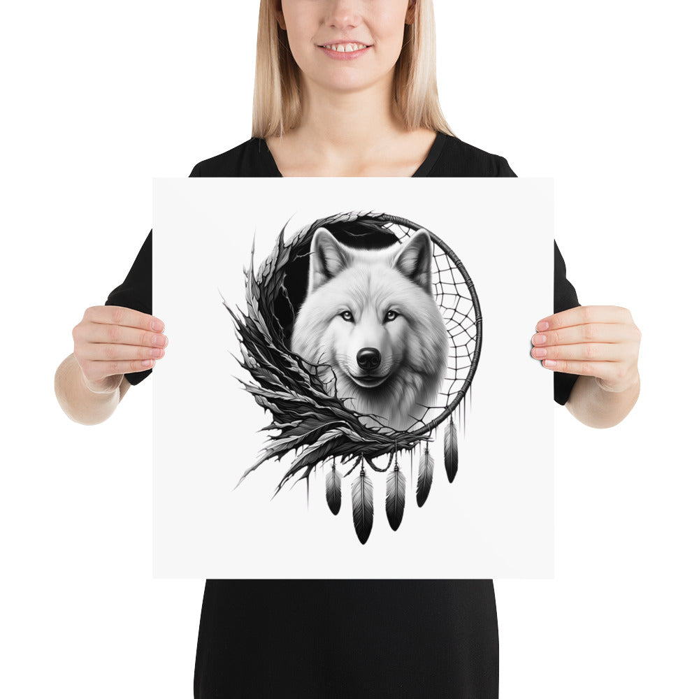 Dreamcatcher Wolf - Framed Poster Realistic Native American Talisman Mythology Graphic Design